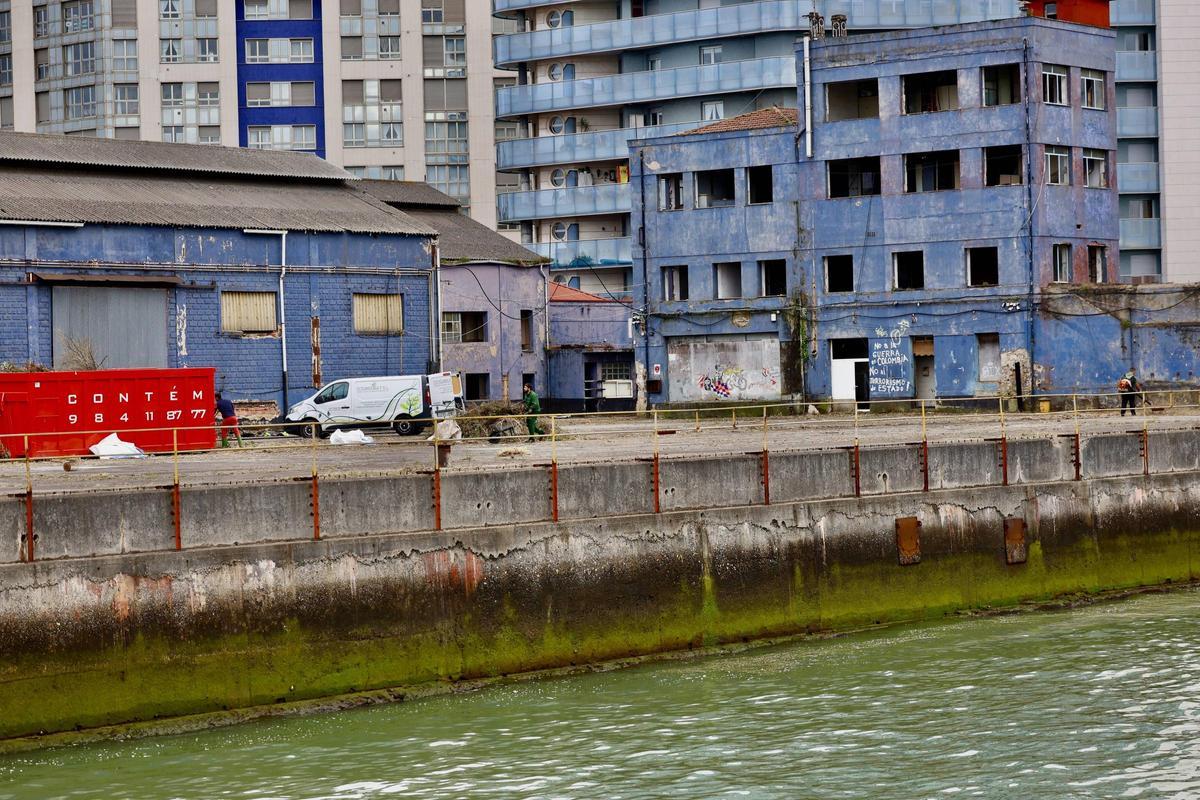 El operativo de limpieza dentro del terreno de Pymar en Naval Gijón.