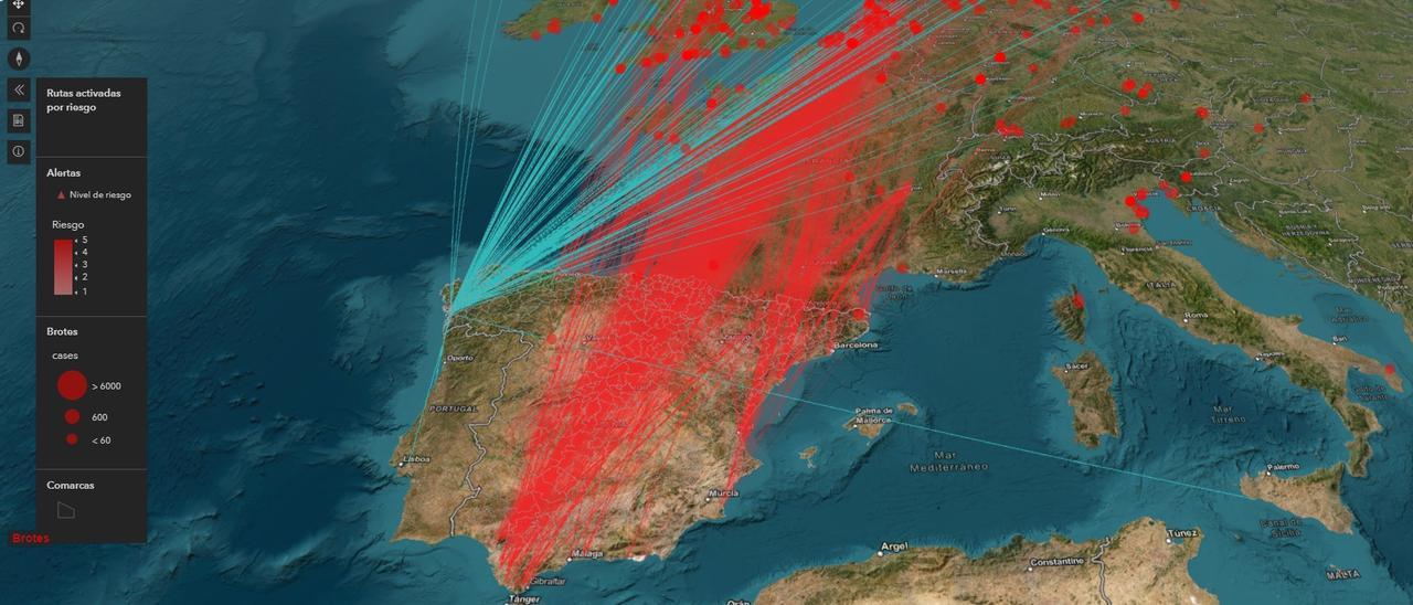 Imagen del sistema DiFLUsion en la que se muestran las diferentes rutas de las aves en España. En rojo, las consideradas de riesgo a día de ayer.   | //  FDV
