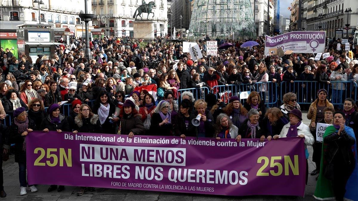 Manifestación en Madrid, este domingo contra la violencia de género. 