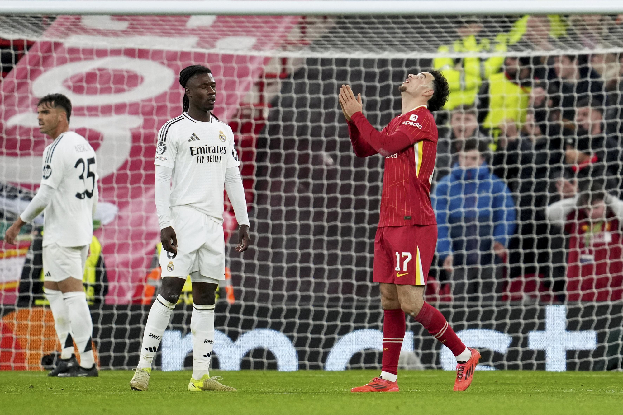 Liverpool's Curtis Jones reacts during the Champions League opening phase soccer match between Liverpool and Real Madrid at Anfield Stadium, Liverpool, England, Wednesday, Nov. 27, 2024. (AP Photo/Jon Super)