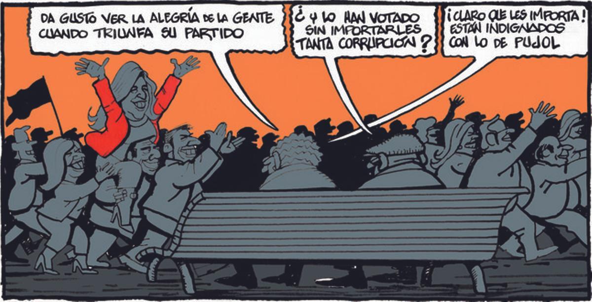 25 de marzo del 2015. Chiste de Ferreres que muestra la celebración socialista por la victoria de Susana Díaz, muy crítica con Pujol pero a quien el ’caso ERE’ no le supuso una derrota.