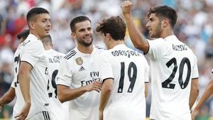 Aug 4  2018  Landover  MD  USA  Real Madrid midfielder Marco Asensio  20  celebrates with teammates after scoring a goal against Juventus in the second half during an International Champions Cup soccer match at FedEx Field  Real Madrid won 3-1  Mandatory Credit  Geoff Burke-USA TODAY Sports