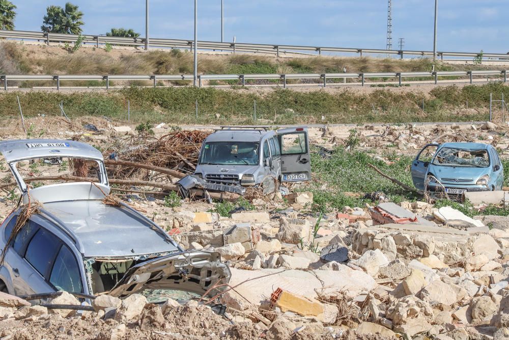 Obras de reparación de la CHS de la mota del río que cedió en Almoradí durante la DANA. Muchas de las zonas afectadas por el paso del agua siguen arrasadas