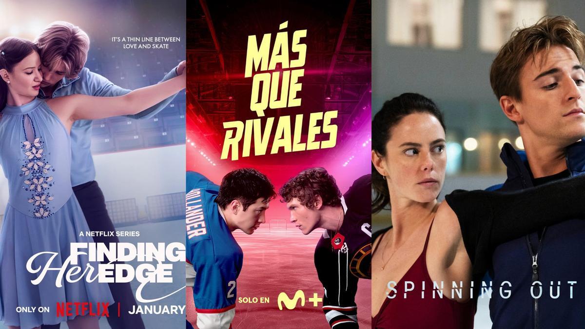Carátulas de las series de romances deportivos 'Bailando sobre hielo', 'Más que rivales' y 'Spinning out', disponibles en Netflix y Movistar +
