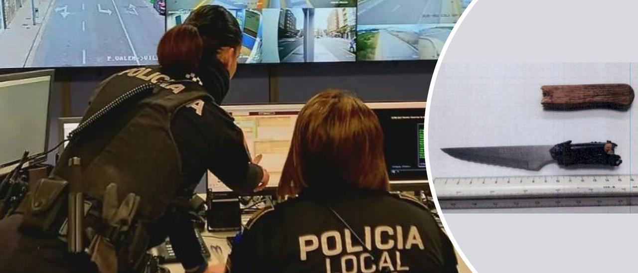 Imagen de dos agentes en la sala de control de la Policía Local de Onda y del cuchillo empleado por el detenido en el salón de juego.
