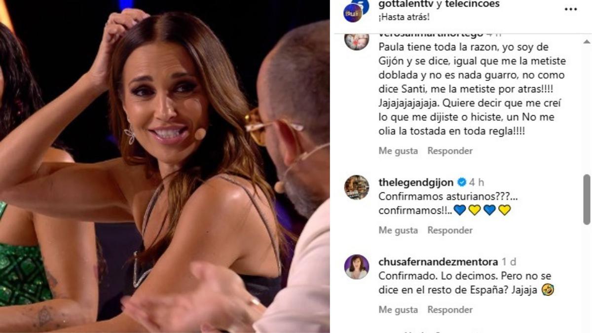 Paula Echevarría en el programa y a la derecha la reacción de los asturianos en redes sociales