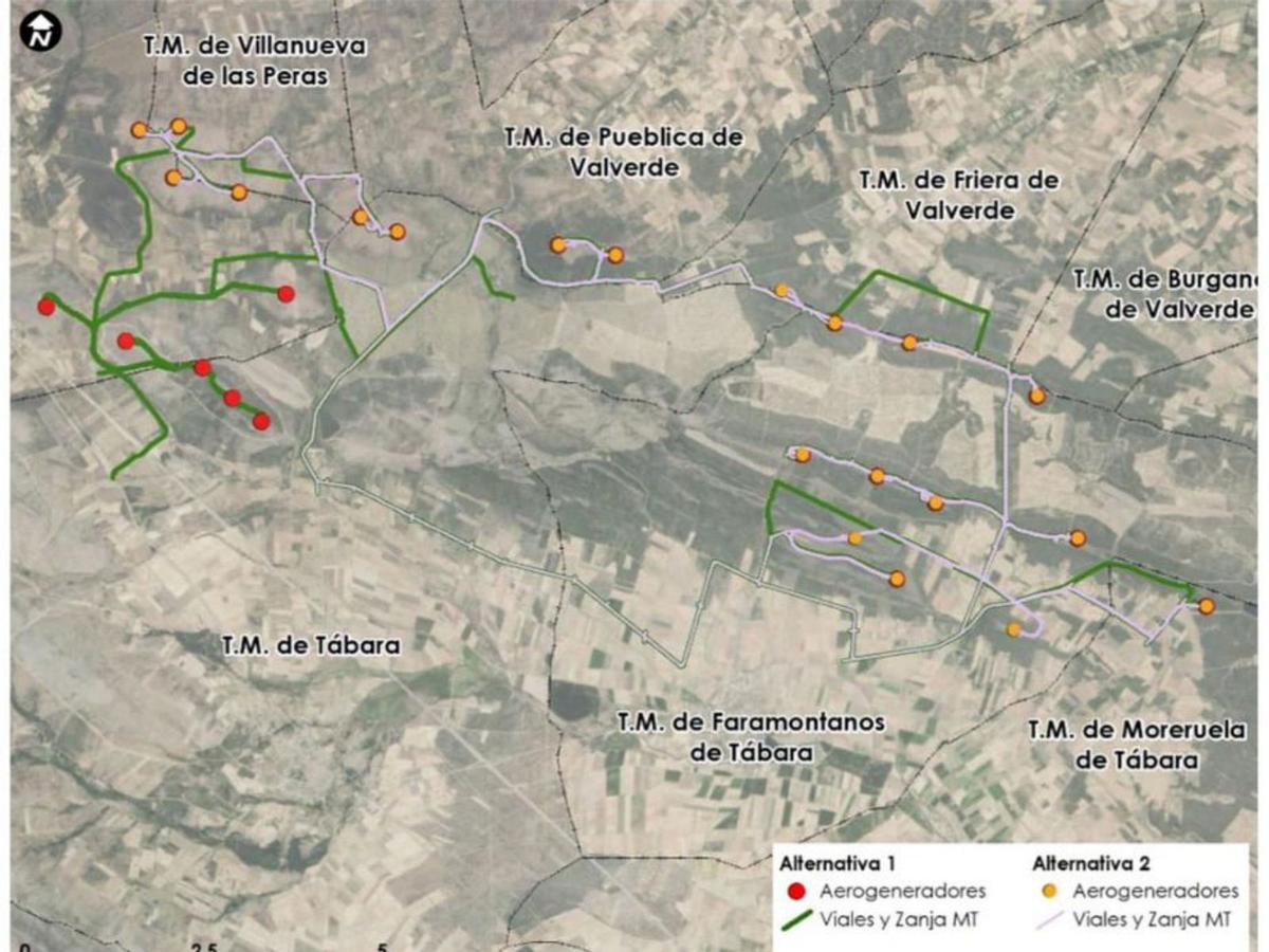 Detalle de la ubicación de los molinos eólicos en los puntos amarillos | PROYECTO