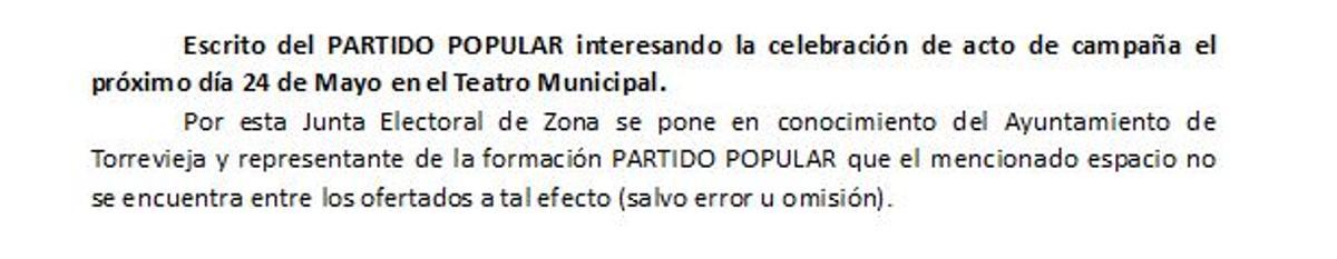 Extracto de la resolución de la junta electoral de zona sobre la petición del PP