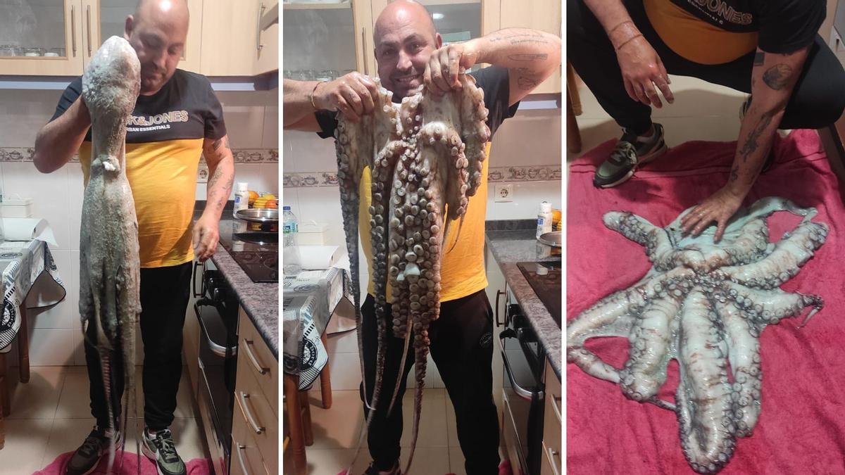 Benjamín muestra orgulloso el pulpo de diez kilos que pescó con caña desde el litoral de Alcabre, durante el mediodía de la pasada Nochebuena.