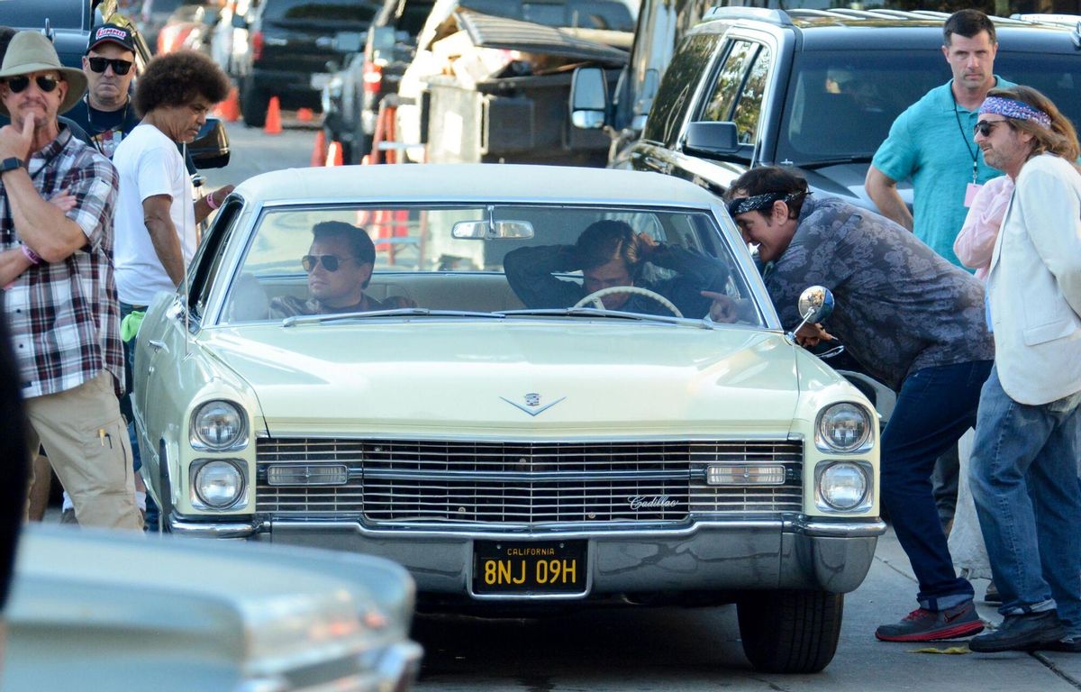 Actors Leonardo DiCaprio and Brat Pitt with director Quentin Tarantino filming " Once upon a time in Hollywood " in Los Angeles, CA. Splash News