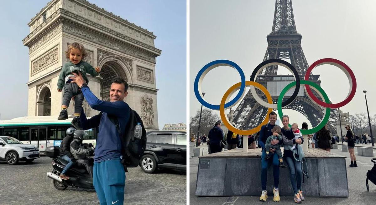 Álvaro Prieto, con sus hijos y su apreja en París tras imponerse en la Media Maratón de la capital gala.