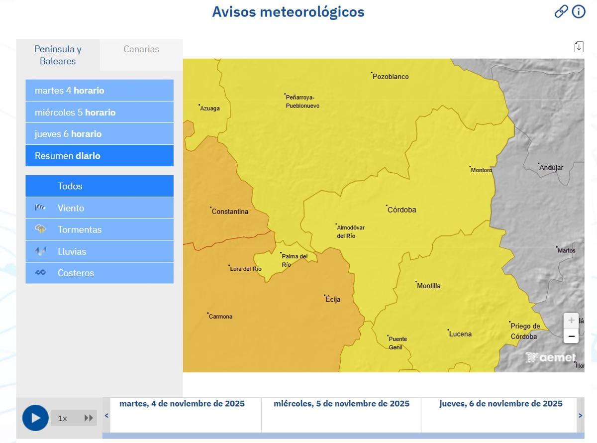 Avisos en la provincia de Córdoba este miércoles, 5 de noviembre.