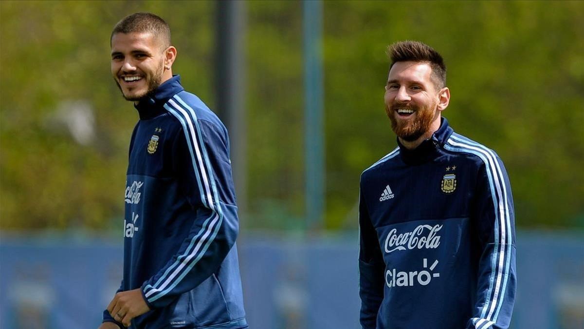 Icardi y Messi, en un entrenamiento de la selección argentina.