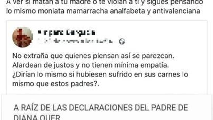 Imágenes de las amenazas e insultos que un usuario de Facebook profirió contra la vicepresidenta Mónica Oltra.