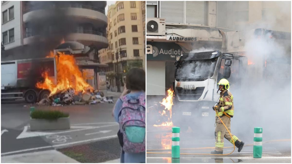 Incendio del camión de basura en San Agustín, en València.