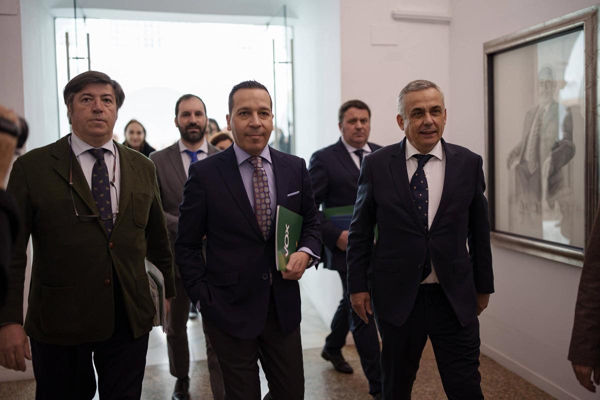 Los diputados de Vox accediendo al hemiciclo de la Asamblea durante la tercera sesión del debate de investidura de María Guardiola.