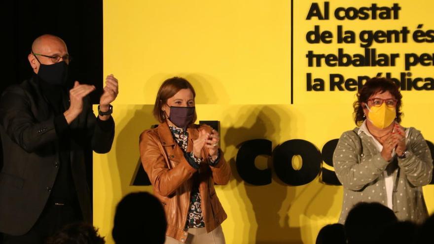 Carme Forcadell, Dolors Bassa i Raül Romeva, en l&#039;acte de tancament d&#039;ERC, a les Cotxeres de Sants de Barcelona