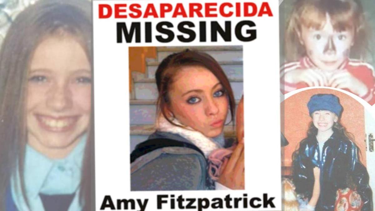 Cartel de alerta por la desaparición de Amy; de fondo, fotos de su infancia cedidas por Christine.