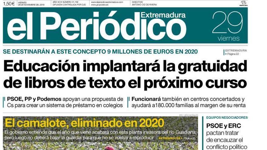 Esta es la portada de EL PERIÓDICO EXTREMADURA correspondiente al día 29 de noviembre del 2019