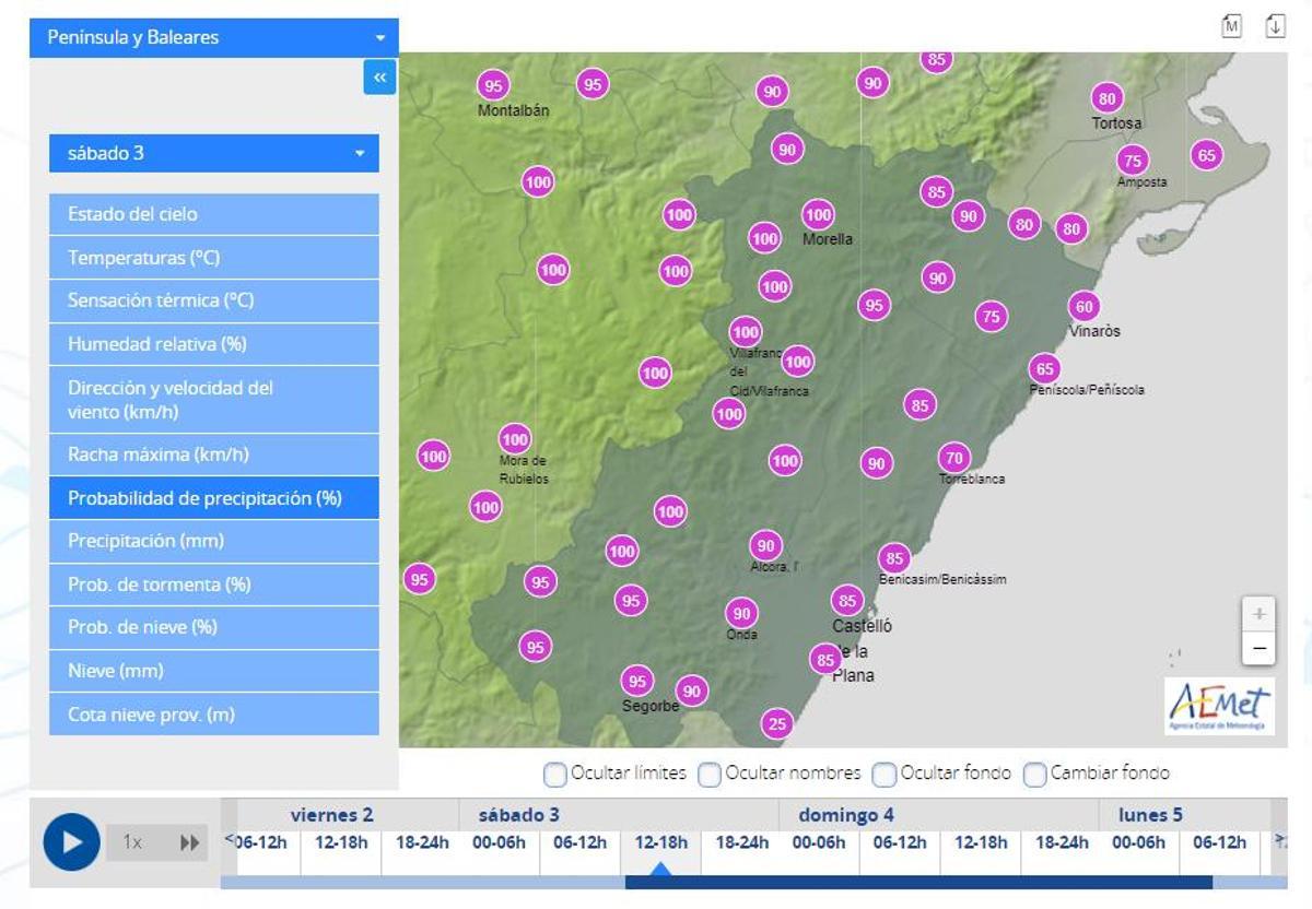 Probabilidad de lluvia en Castellón entre las 12.00 y las 18.00 horas del domingo.