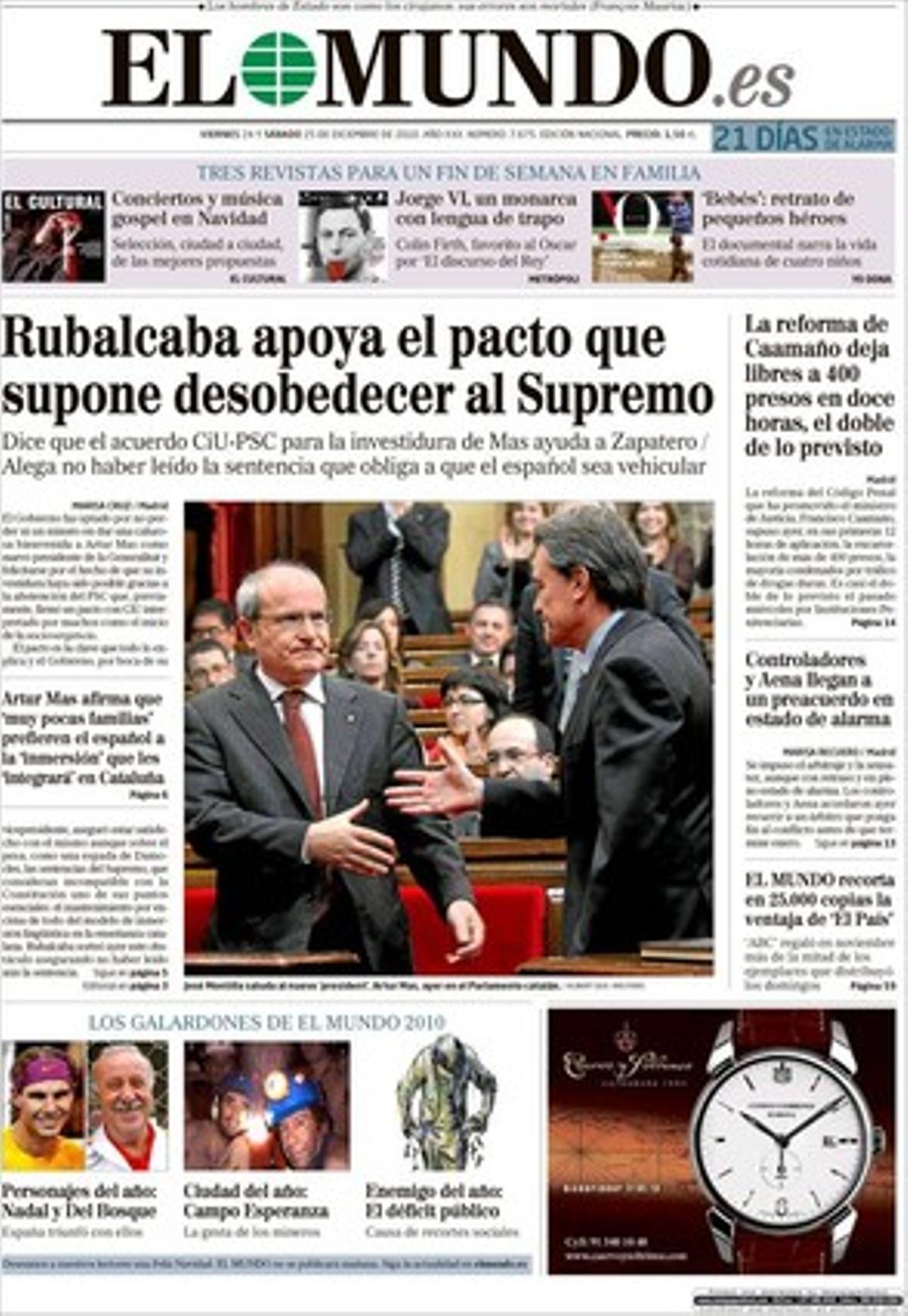 ’El Mundo’ dóna rellevància també en pàgines interiors al fet que Alfredo Pérez Rubalcaba dubta de la disposició al consens de Mariano Rajoy per sortir de la crisi; que més de 250 càrrecs del PP asturià que recolzen el retorn de Francisco Alvarez-Cascos demanen a Rajoy un congrés regional per vèncer la resistència de l’actual direcció del partit a Astúries; que l’agència Fitch rebaixa el ’rating’ a Portugal i alerta sobre el deute de les comunitats autònomes espanyoles, i que PP i PSOE coincideixen que no tot està perdut respecte de la ’llei Sinde’.