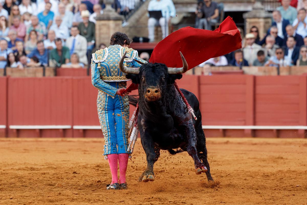 SEVILLA, 27/09/2024.- El diestro Sebastián Castella da un pase con la muleta al primero de los de su lote, durante la primera de la Feria de San Miguel que se celebra este viernes en la plaza de toros de la Maestranza, en Sevilla. EFE/Julio Muñoz