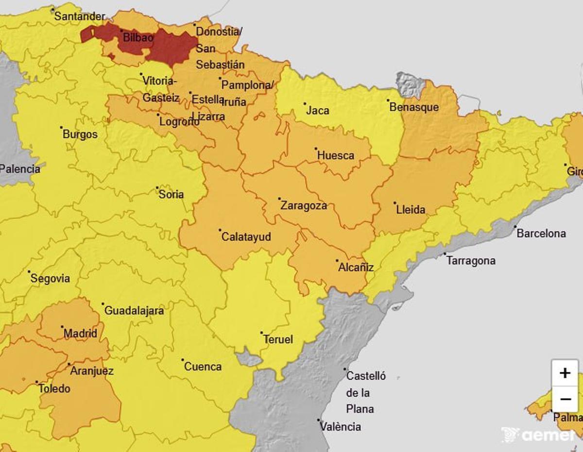 La alerta de la Aemet en Aragón para este sábado.