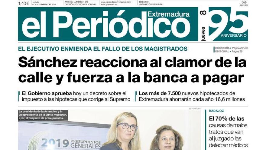 Esta es la portada de EL PERIÓDICO EXTREMADURA correspondiente al día 8 de noviembre del 2018