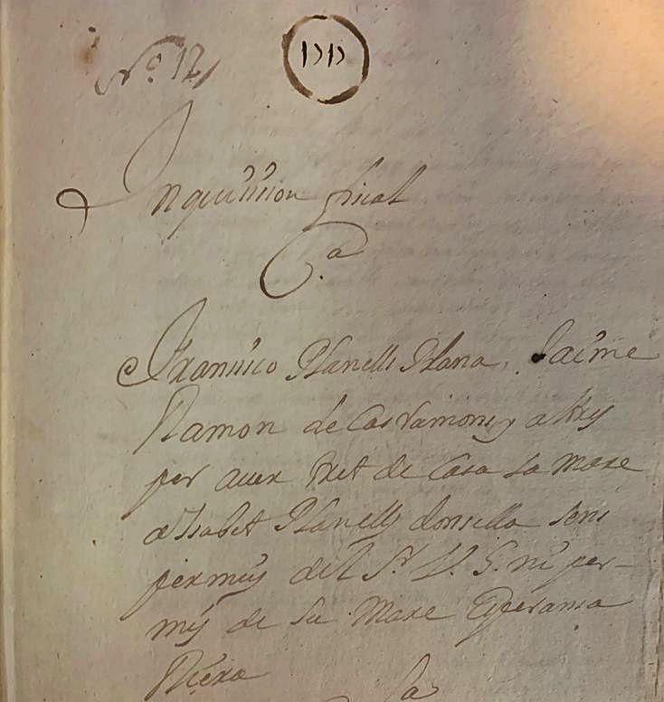 Portada de la causa oberta contra Antoni Planells Plana, Miquel i Antoni Torres Cova per haver tret de ca seua una al·lota. Cúria de la Reial Governació. 1717 | AISME