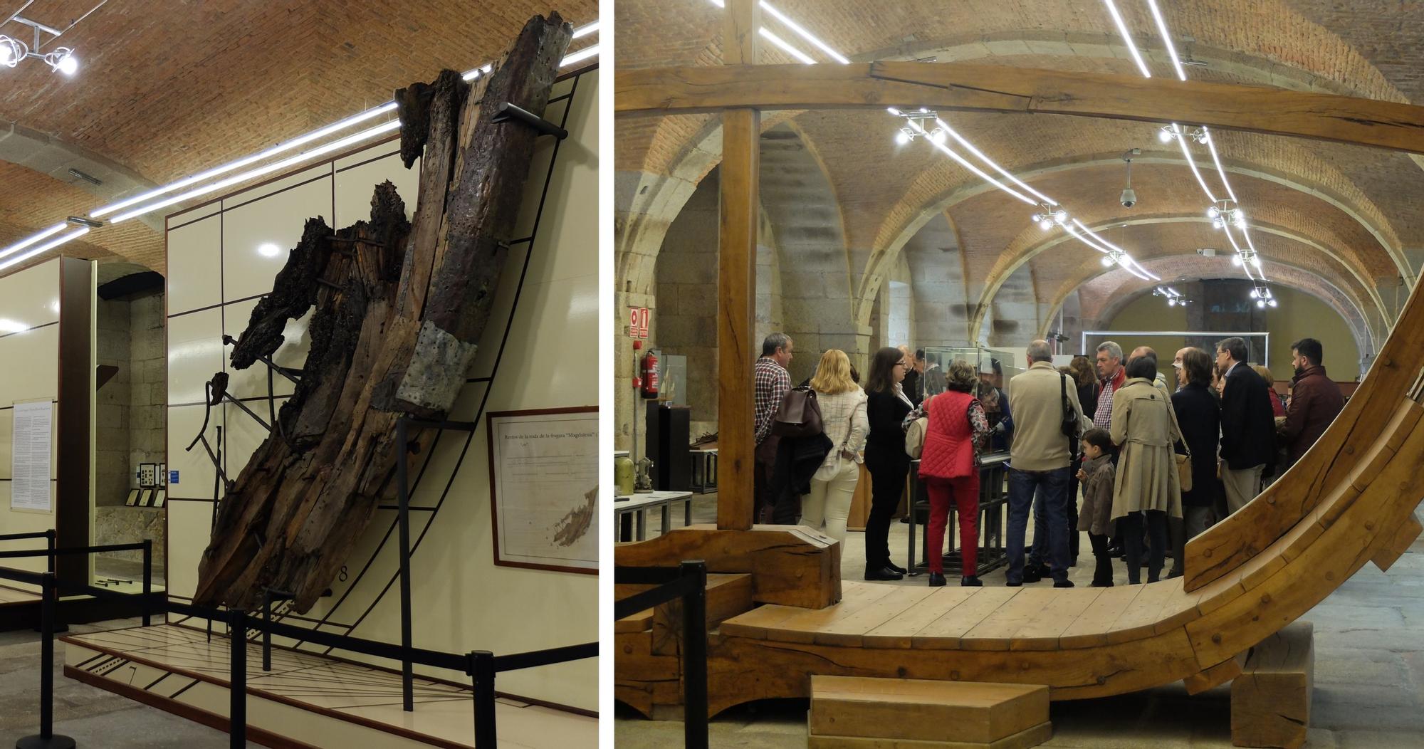 La joya de la colección es el pecio de la fragata Magdalena, una embarcación del siglo XVIII hundida en Viveiro. A la derecha, la reproducción de una cuaderna que da la bienvenida al visitante. 