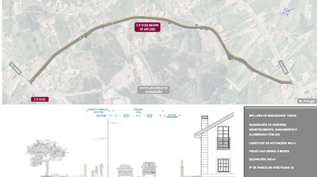 El plano del proyecto para la subida de Meloxo desmenuzado ayer por el alcalde a los vecinos. |   //  FDV