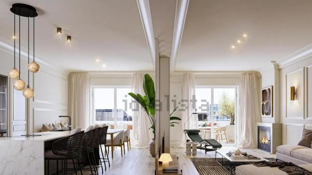 Salón y cocina del ático más lujoso a la venta en Zaragoza