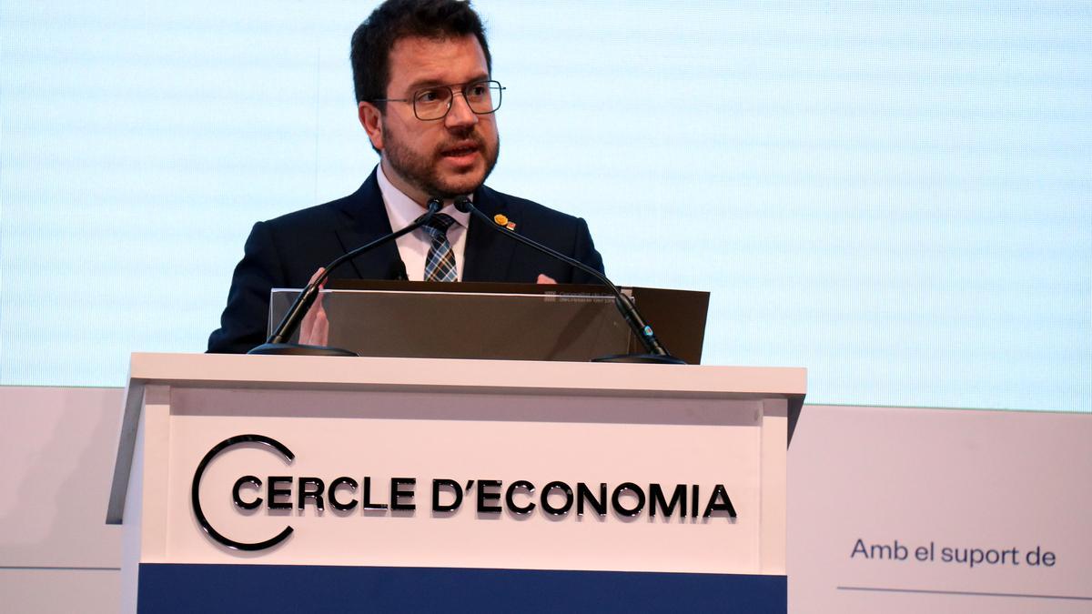 El president de la Generalitat, Pere Aragonès, durant la seva intervenció en la jornada inaugural de les Jornades del Cercle d&#039;Economia