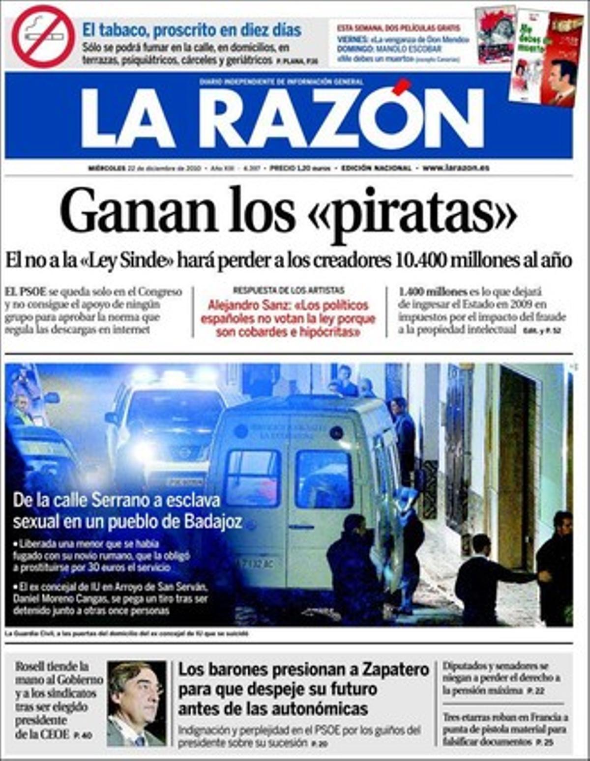 ’La Razón’ destaca a més que el Congrés endureix el règim de sancions dels controladors aeris per poder acomiadar qui deixi el seu lloc de treball o simuli estar malalt. També, que tres etarres roben a França material informàtic per poder falsificar documents i targetes de crèdit.