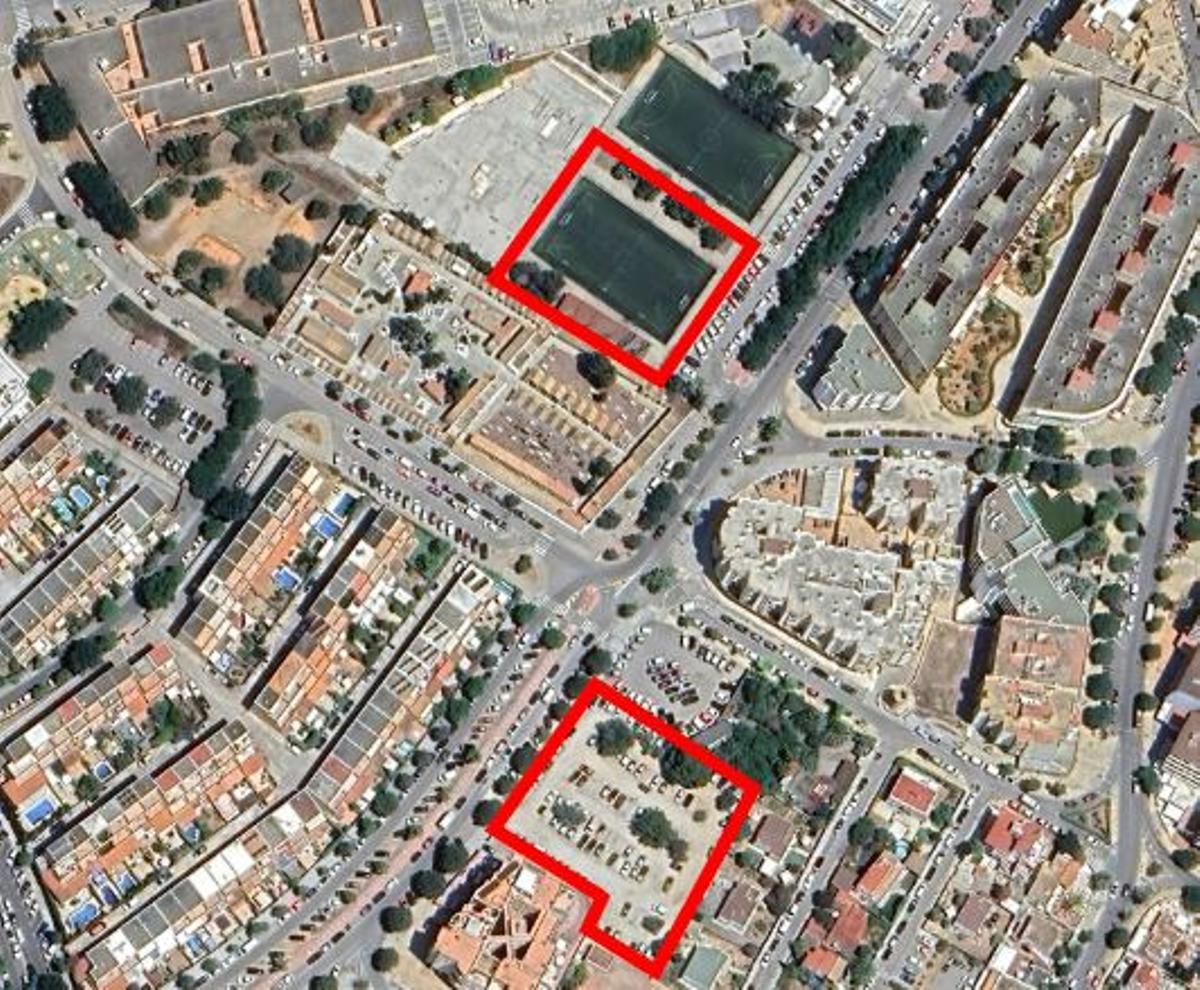 La pista de fútbol sala de ses Figuerets y el solar del aparcamiento que intercambiarán sus usos.