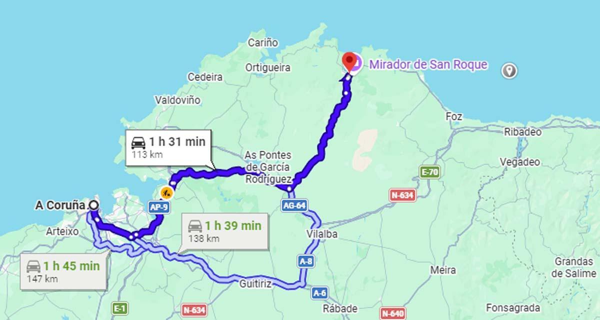 Ruta de A Coruña a Viveiro por carretera.