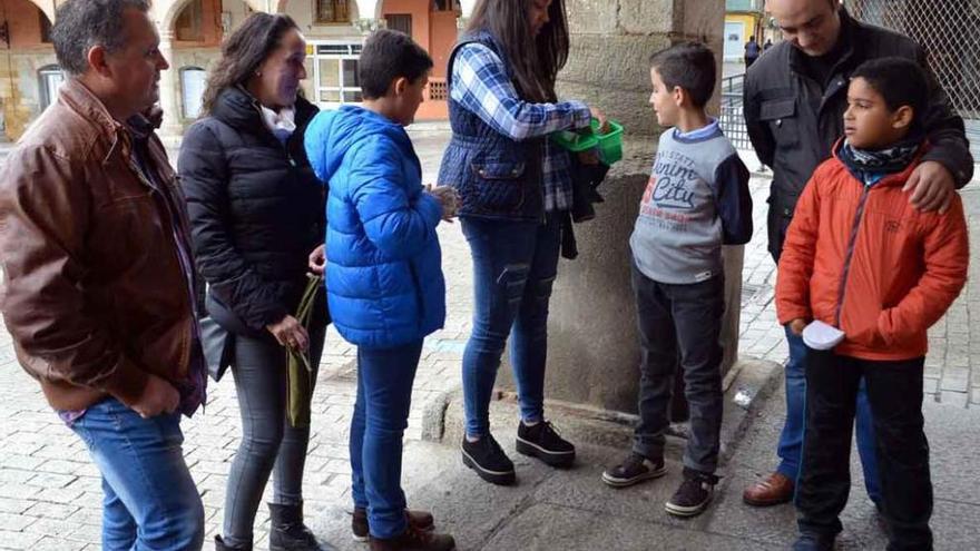 El intercambio de cromos se hizo ayer bajo los soportales de la Plaza Mayor.