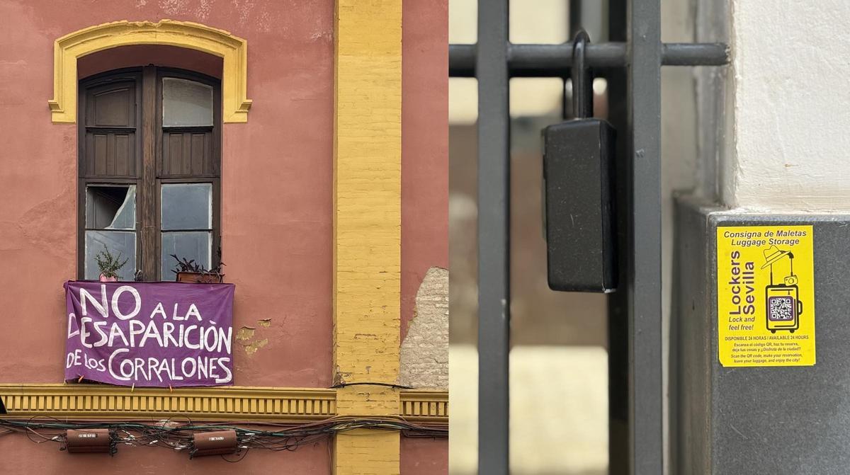 Balcón de los Corralones de la Calle Castellar de Sevilla y Candado y pegatina publicitaria en un piso turístico del centro de Sevilla