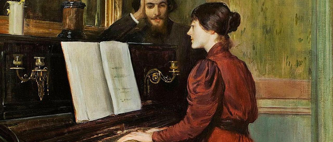 ‘Una romança’, pintura de Rusiñol, del mismo título que una obra de Escalas, en la que Erick Satie observa a la pianista.