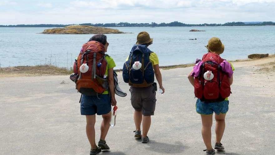 Peregrinos en uno de los tramos de la Variante Espiritual a su paso por Vilanova. // Noé Parga