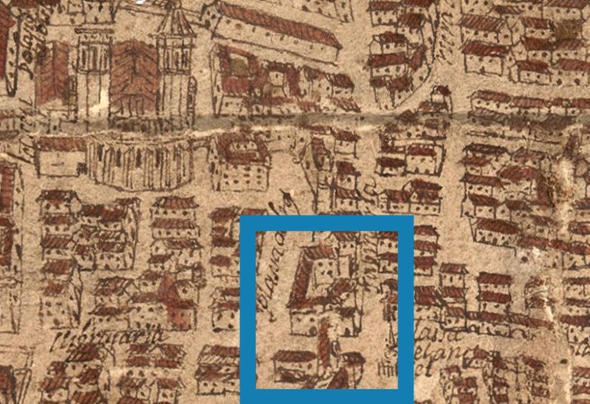 En el mapa del sitio francés de Barcelona de 1689 (o de los ’Atachos’) las casas particulares no responden a ninguna descripción realista pero sí los edificios públicos. Arriba a la izquierda, la Catedral. Recuadrado, la Cort del Veguer, con su patio, las dos torres de la antigua puerta romana y el puente que las unía. 
