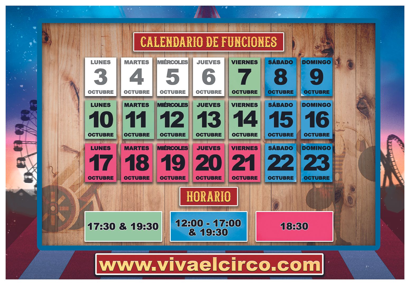 Calendario de funciones del espectáculo ‘Viva el Circo’ en Zaragoza durante las fiestas del Pilar 2022.