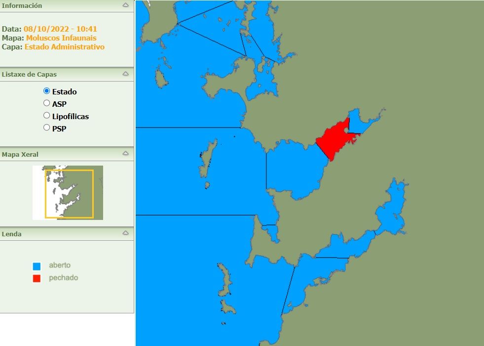 En rojo, la extensa zona IV de infaunales de la ría de Pontevedra, que sigue cerrada.