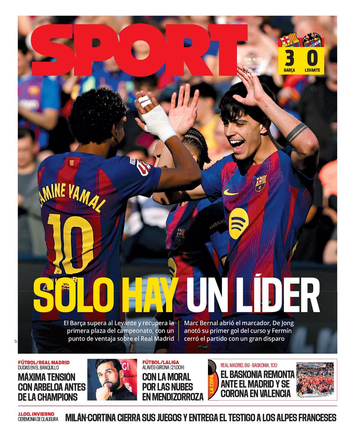 Esta es la portada de SPORT de hoy lunes, 23 de febrero de 2026