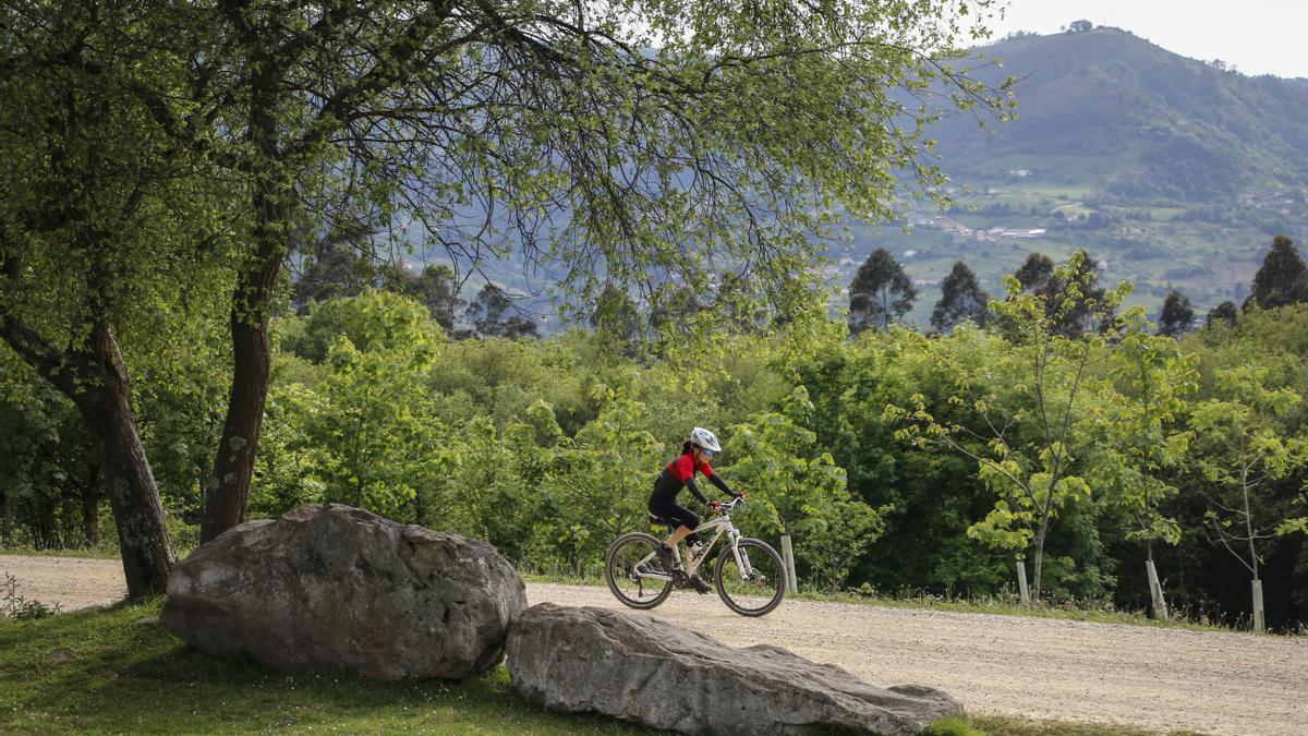 Una ciclista por el Monte Deva.