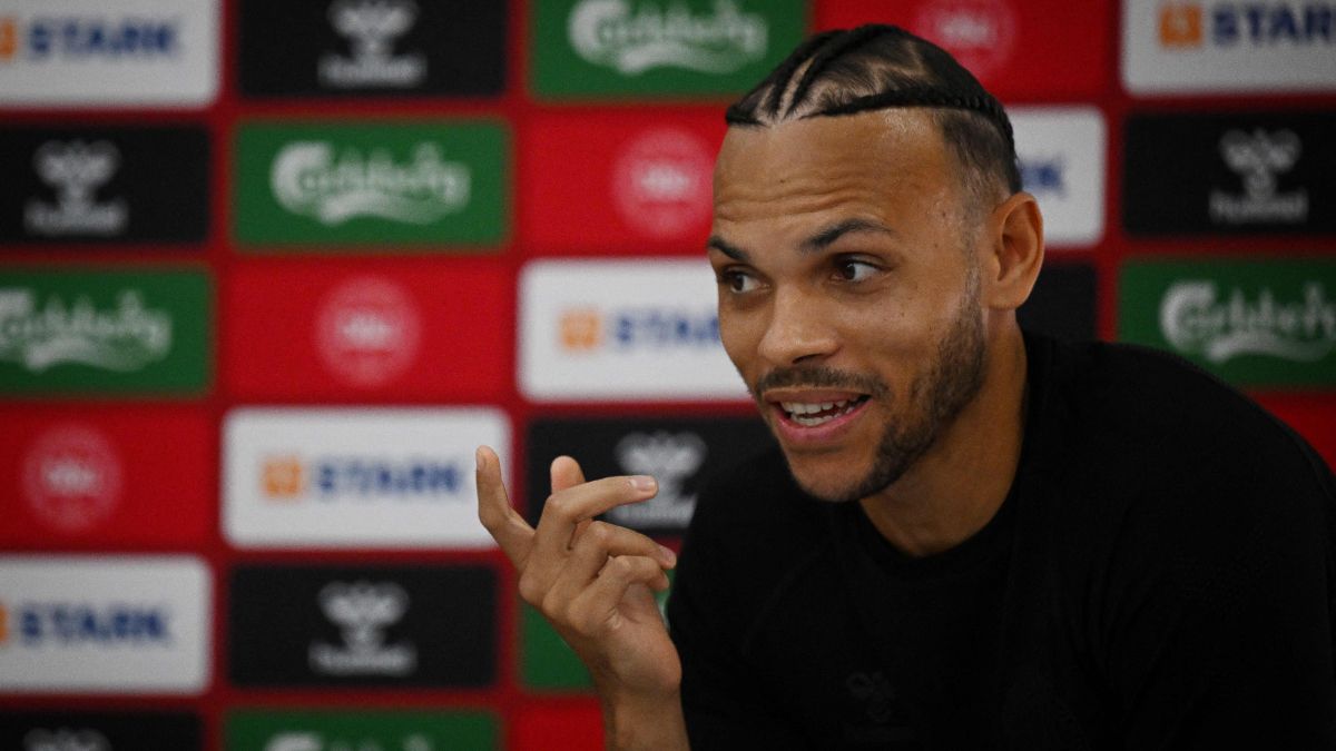 Denmark's forward Martin Braithwaite attends a press conference at Al Sailiya SC in Doha on November 18, 2022, ahead of the Qatar 2022 World Cup football tournament.