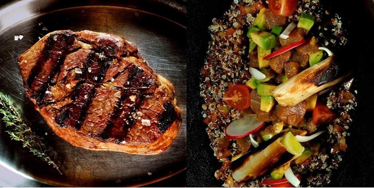 Lomo alto (izq.) y ensalada de quinoa, aguacate y tartar de atún (der.)