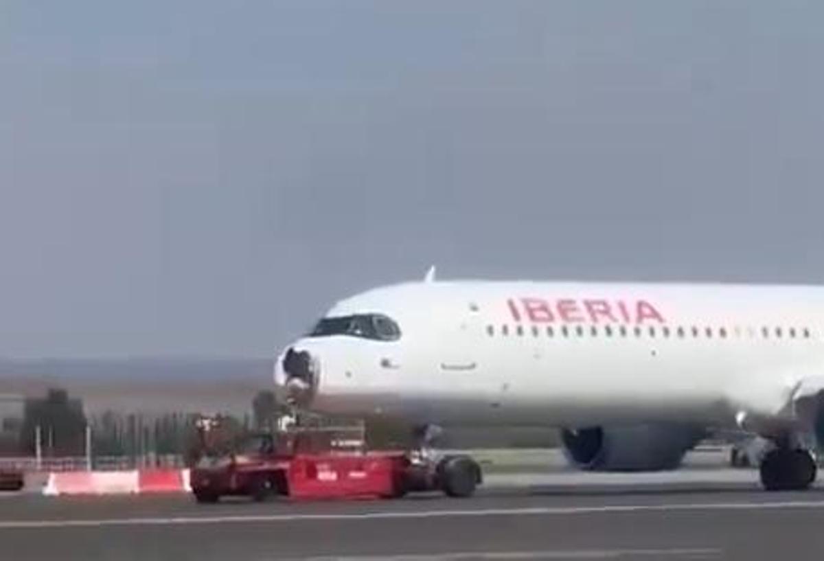 Morro del avión, agujereado tras el choque con un pájaro.