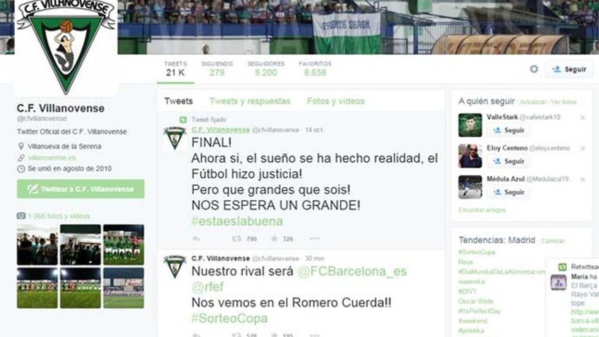 Mensajes en la cuenta de Twitter del CF Villanovense