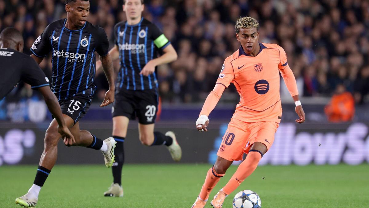 Lamine Yamal, durante el partido de Champions entre Club Brujas y Barça